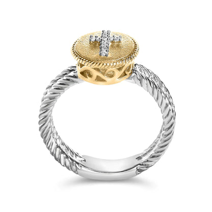 18K Yellow Gold Plated .925 Sterling Silver Diamond Cross Ring with Satin Finish (I-J Color, SI1-SI2 Clarity) - amore jewelers STORE