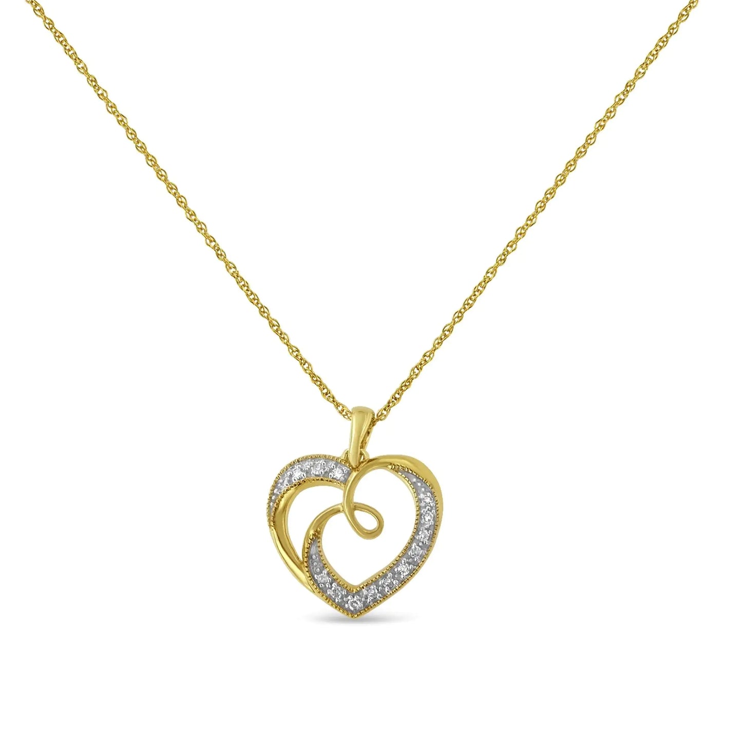 14K Yellow Gold Plated .925 Sterling Silver Diamond Accent Ribbon & Heart 18" Pendant Necklace (H-I Color, I2-I3 Clarity) - amore jewelers STORE