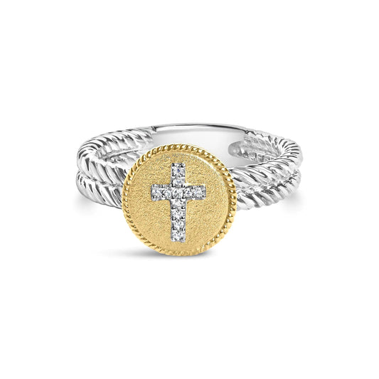 18K Yellow Gold Plated .925 Sterling Silver Diamond Cross Ring with Satin Finish (I-J Color, SI1-SI2 Clarity) - amore jewelers STORE