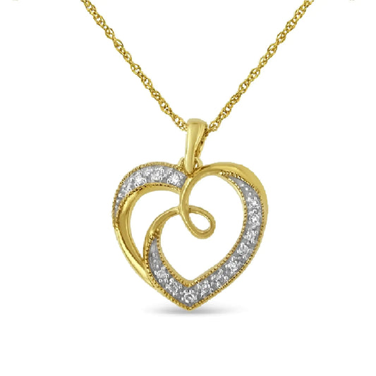 14K Yellow Gold Plated .925 Sterling Silver Diamond Accent Ribbon & Heart 18" Pendant Necklace (H-I Color, I2-I3 Clarity) - amore jewelers STORE